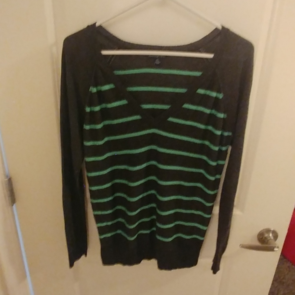 American Eagle green and gray striped sweater